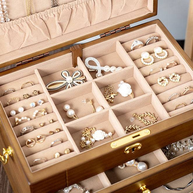 Wooden Jewelry Box with Lock and Drawers