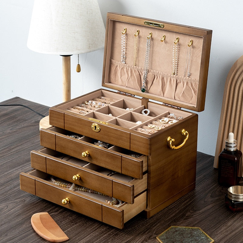 Wooden Jewelry Box with Lock and Drawers
