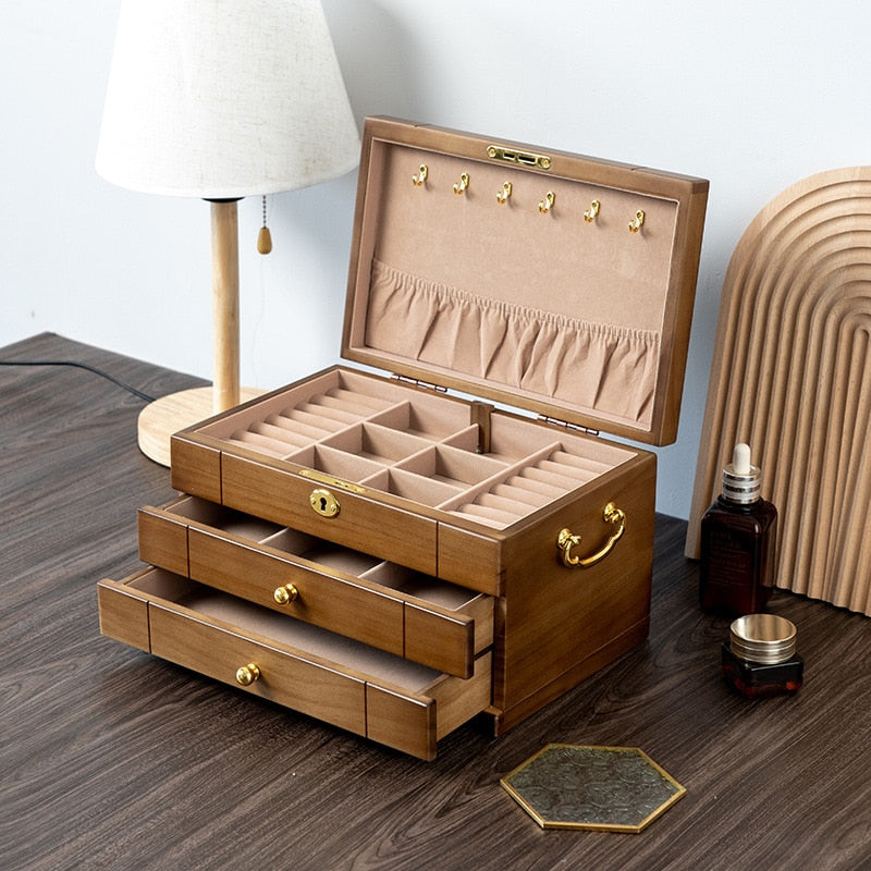 Wooden Jewelry Box with Lock and Drawers