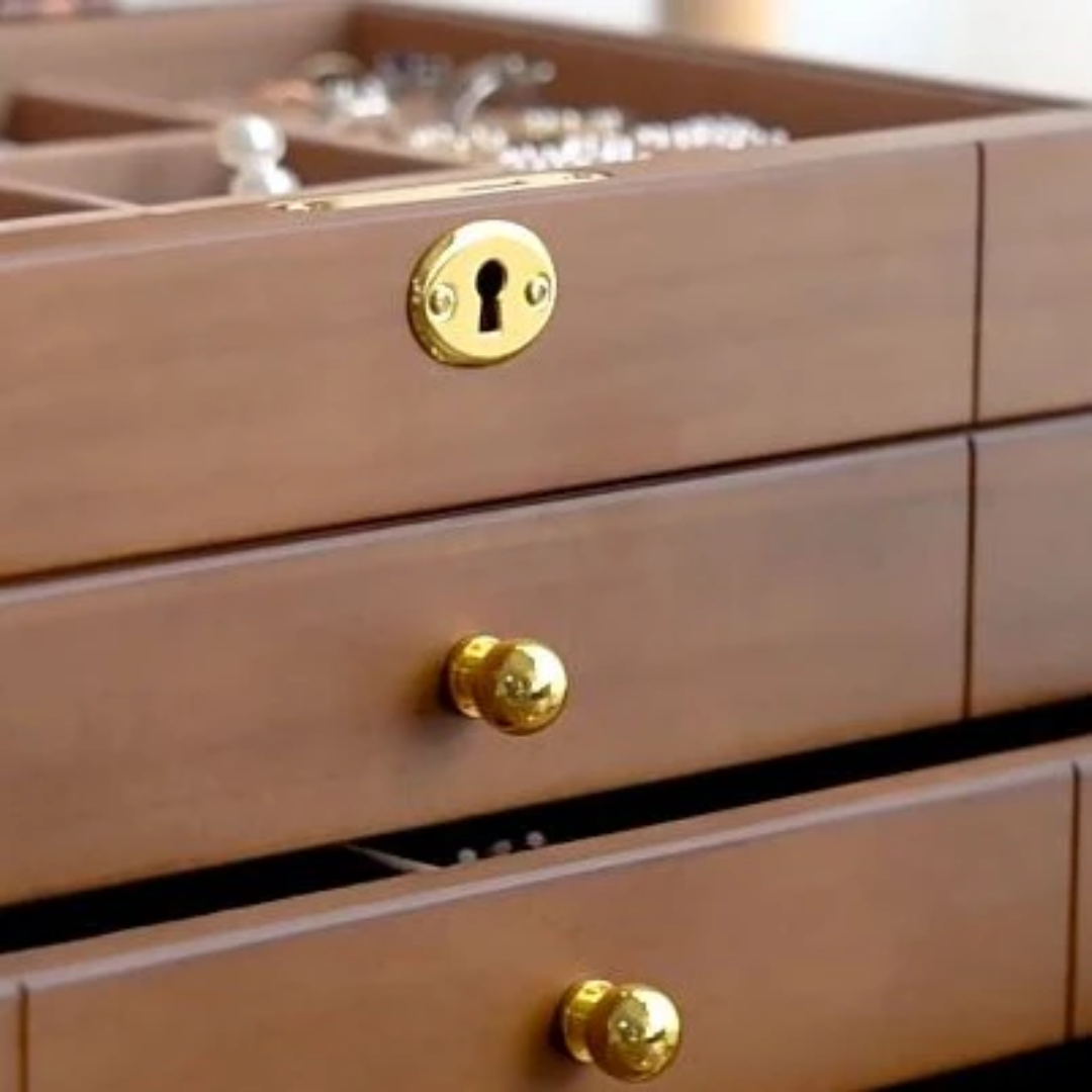Wooden Jewelry Box with Lock and Drawers