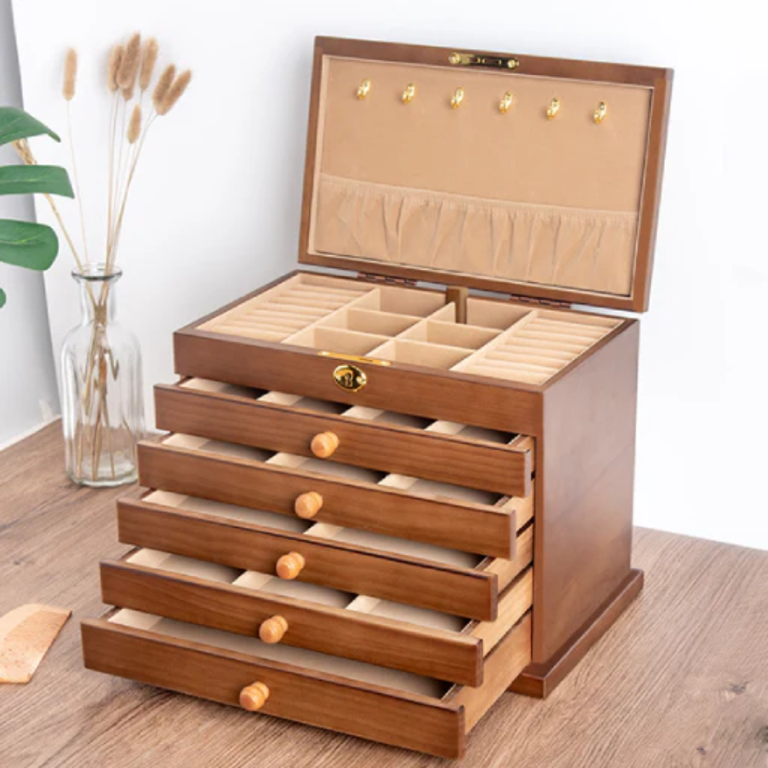 Large Wooden Jewelry Box with Multiple Drawers