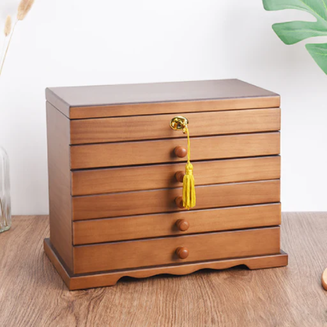 Large Wooden Jewelry Box with Multiple Drawers