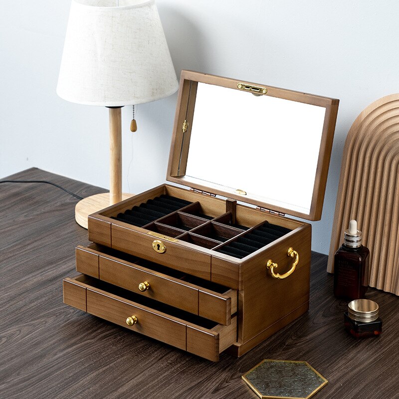 Wooden Jewelry Box with Mirror and Lock