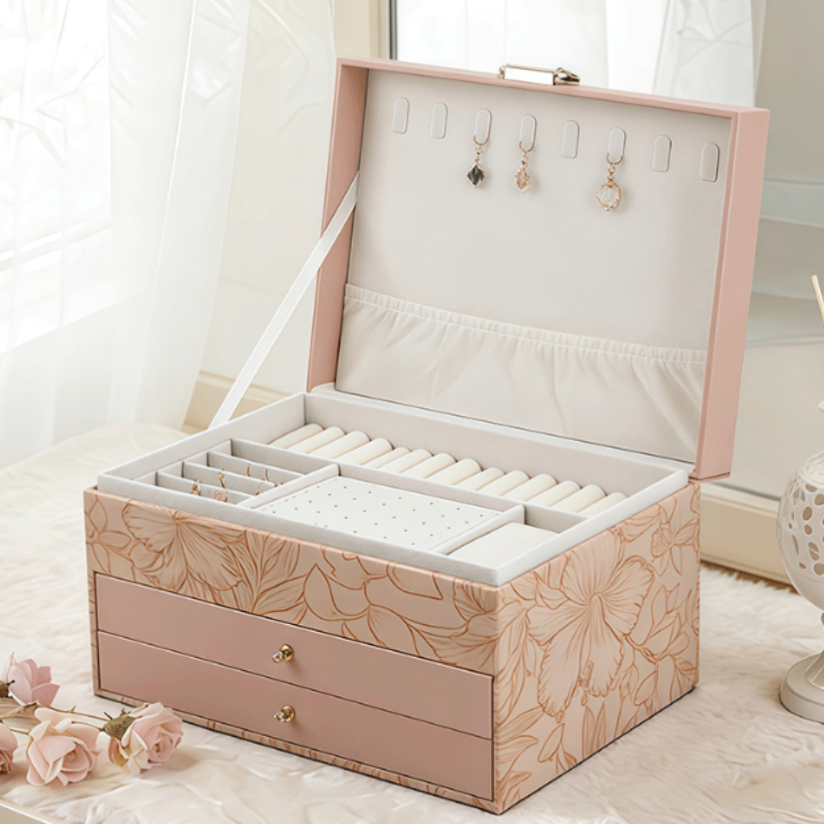 Floral Large Jewelry Box with Drawers