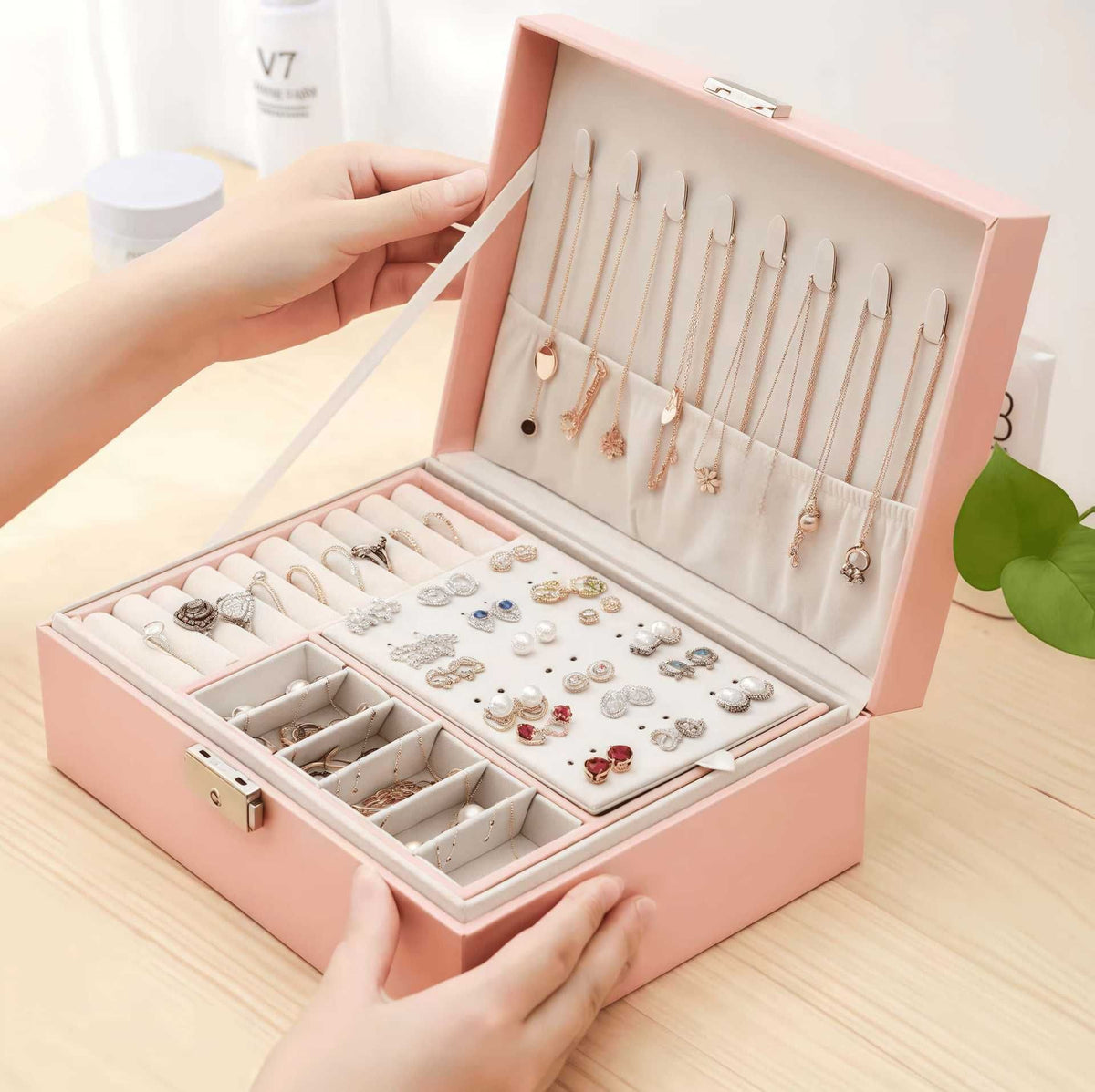 Jewelry Box with Necklace Hooks and Ring Slots