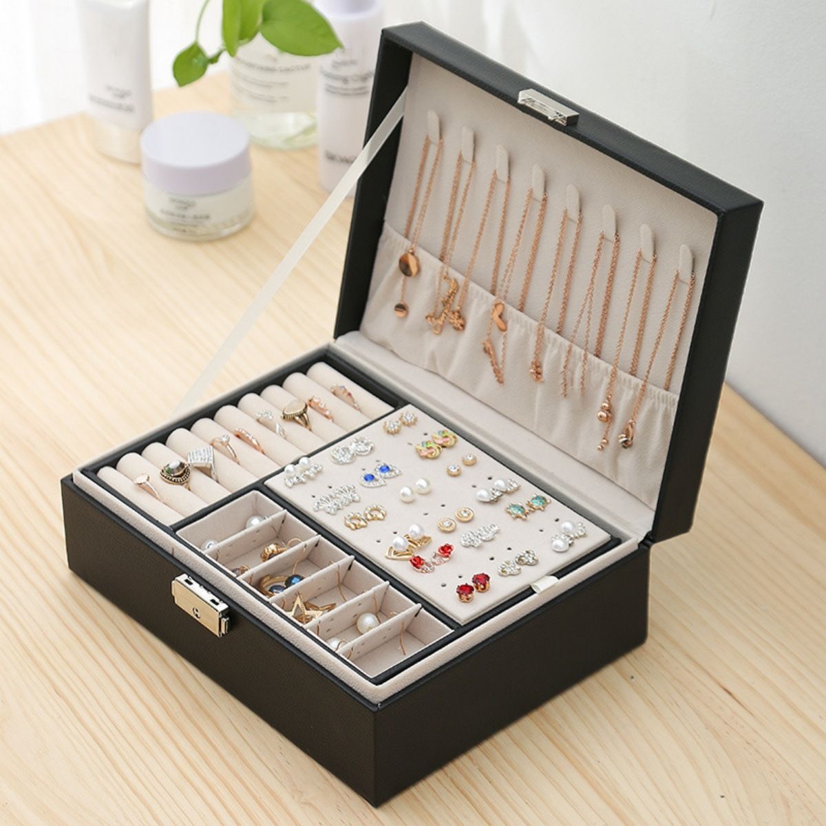 Jewelry Box with Necklace Hooks and Ring Slots