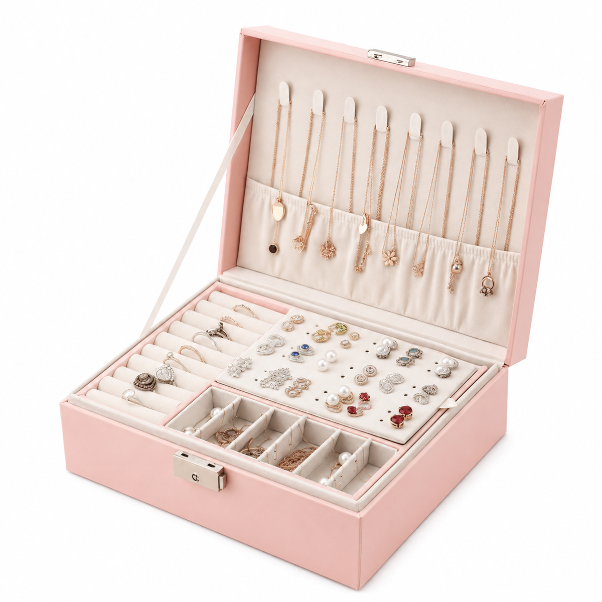 Jewelry Box with Necklace Hooks and Ring Slots