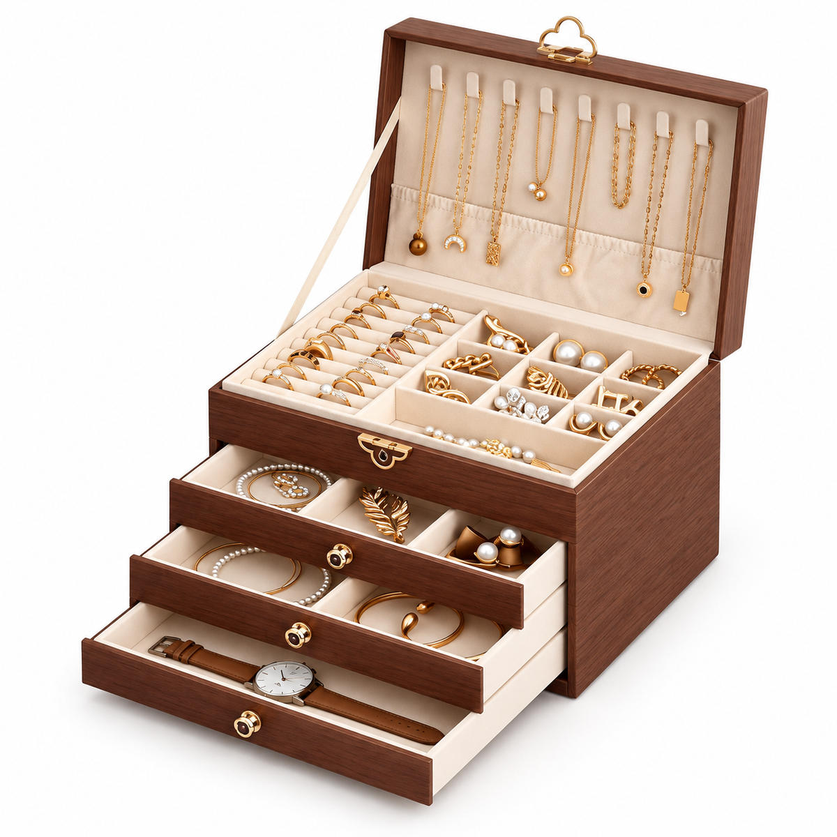 Large PU Leather Wooden Style Jewelry Box with Key Lock