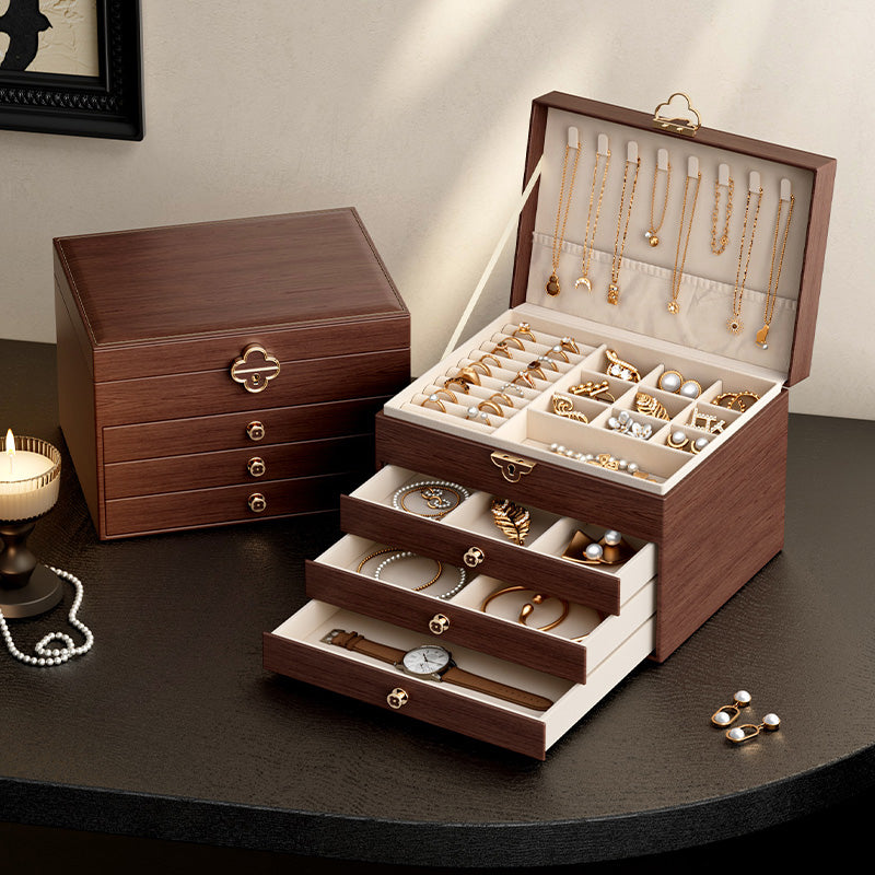 Large PU Leather Wooden Style Jewelry Box with Key Lock