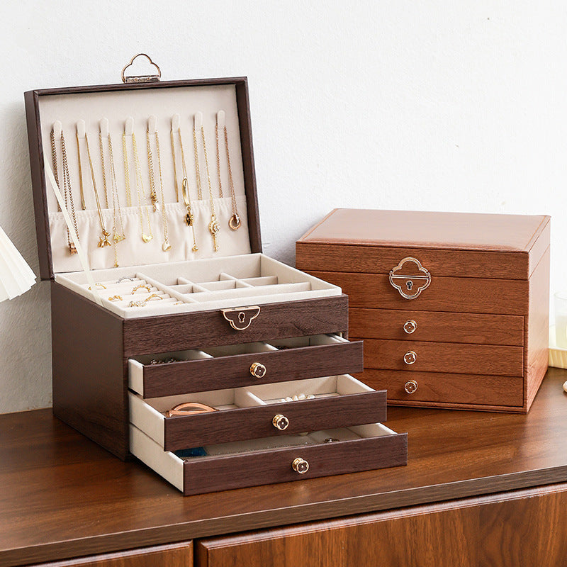 Large PU Leather Wooden Style Jewelry Box with Key Lock