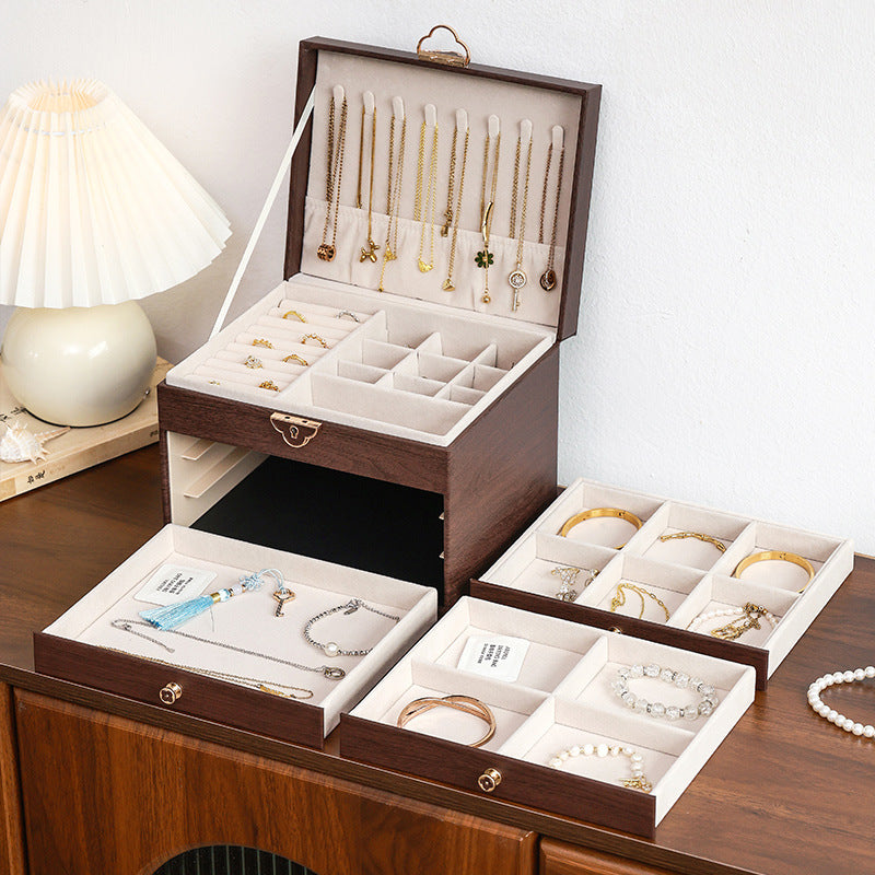 Large PU Leather Wooden Style Jewelry Box with Key Lock