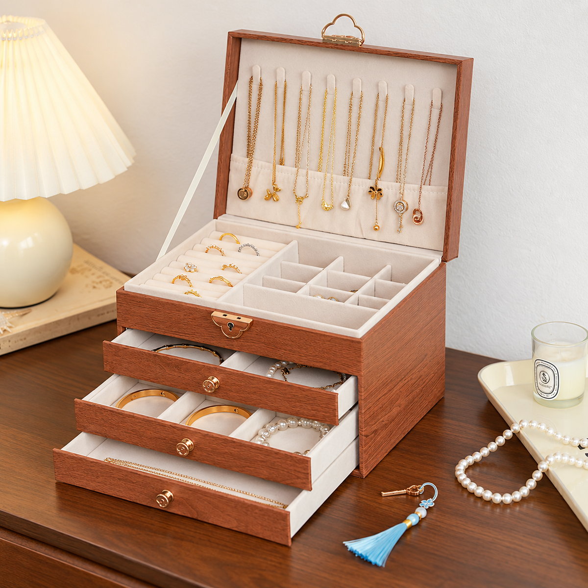 Large PU Leather Wooden Style Jewelry Box with Key Lock