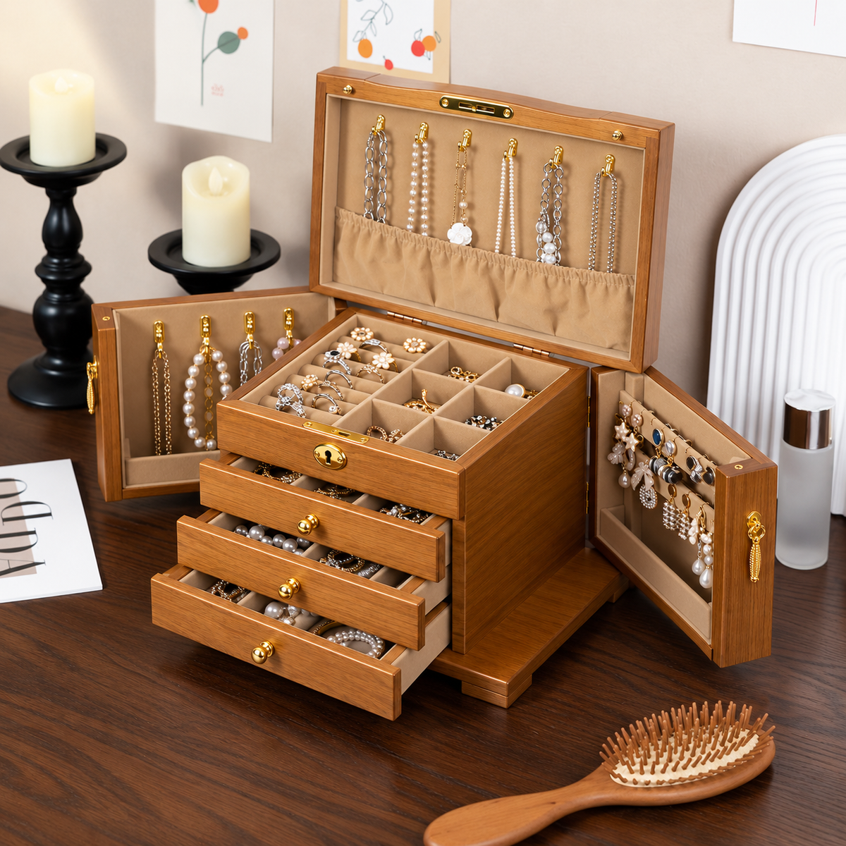 Large Vintage Wooden Jewelry Box with Side Doors