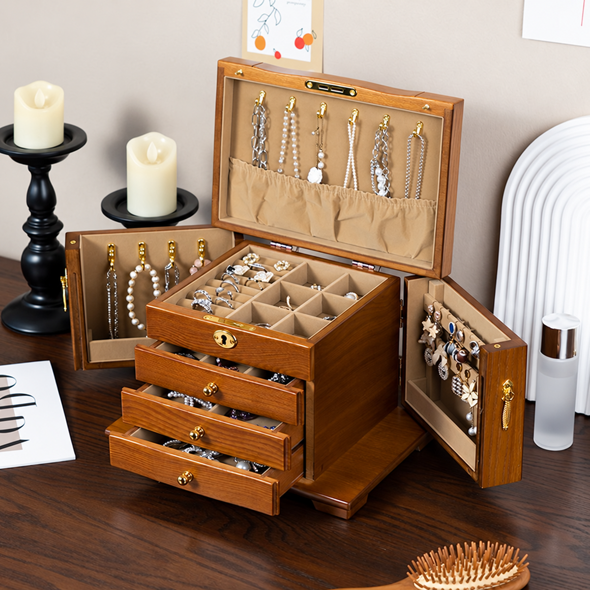 Large Vintage Wooden Jewelry Box with Side Doors