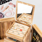 Large Wooden Jewelry Box with Mirror and Drawers