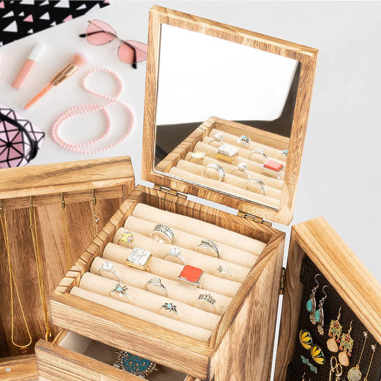 Large Wooden Jewelry Box with Mirror and Drawers