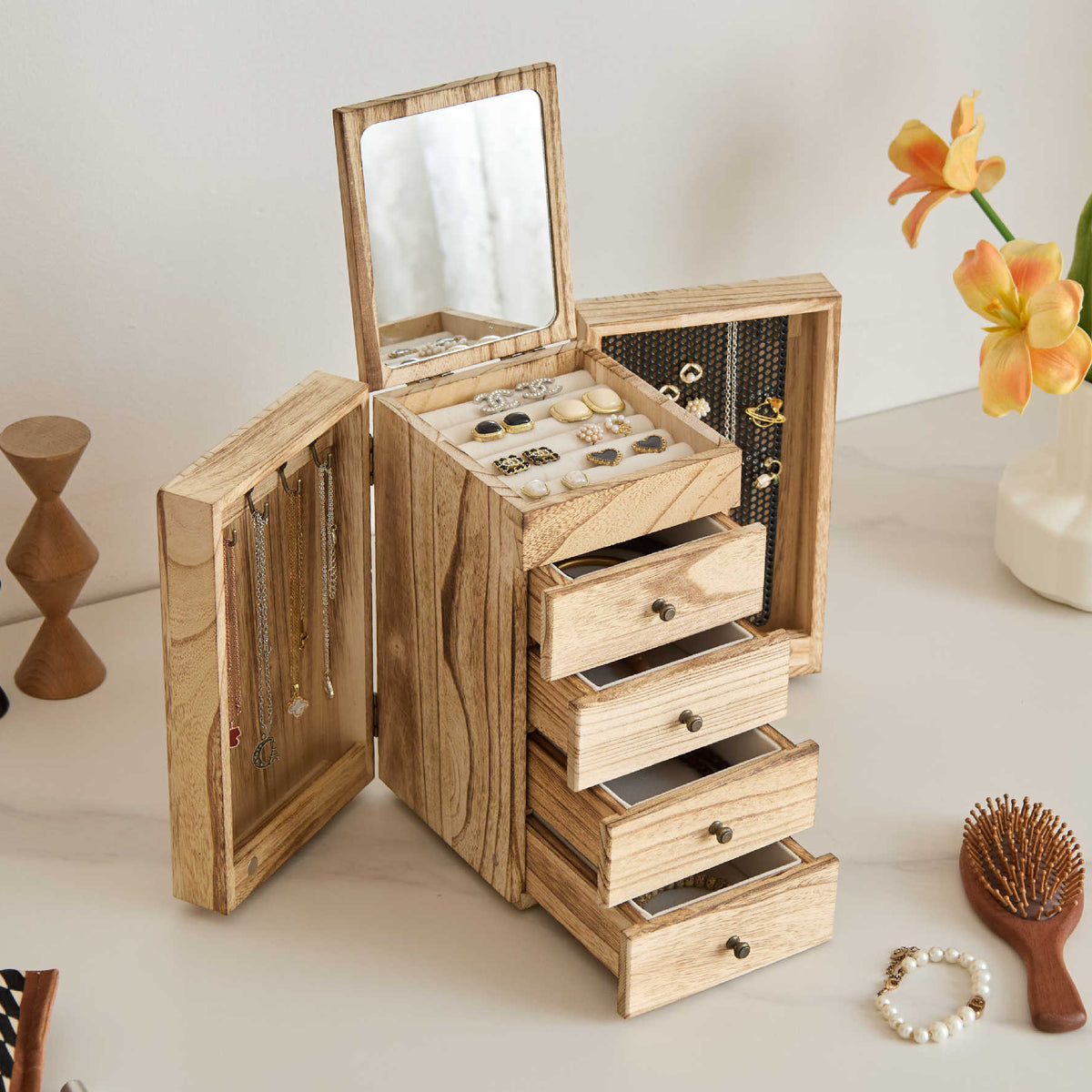 Large Wooden Jewelry Box with Mirror and Drawers