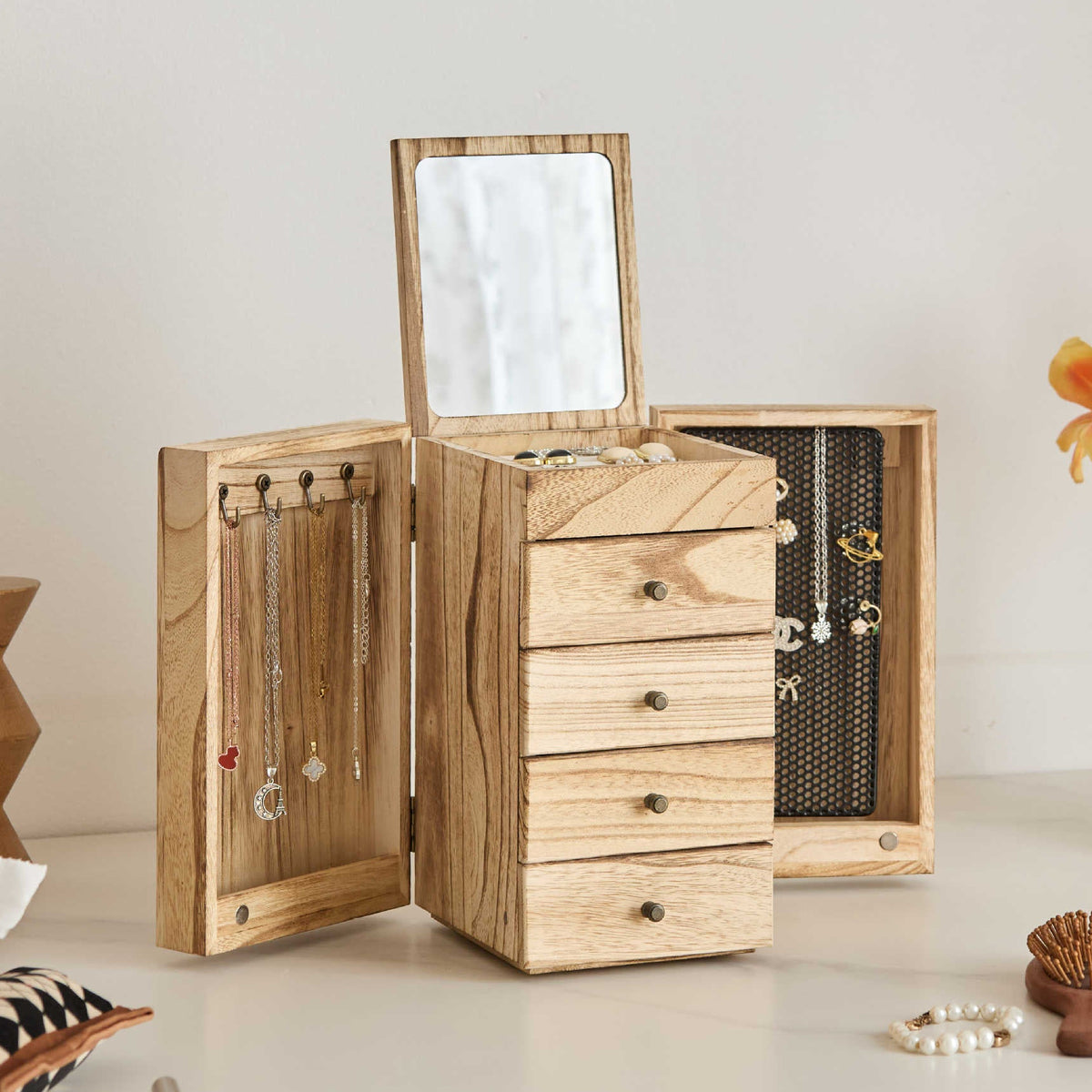 Large Wooden Jewelry Box with Mirror and Drawers