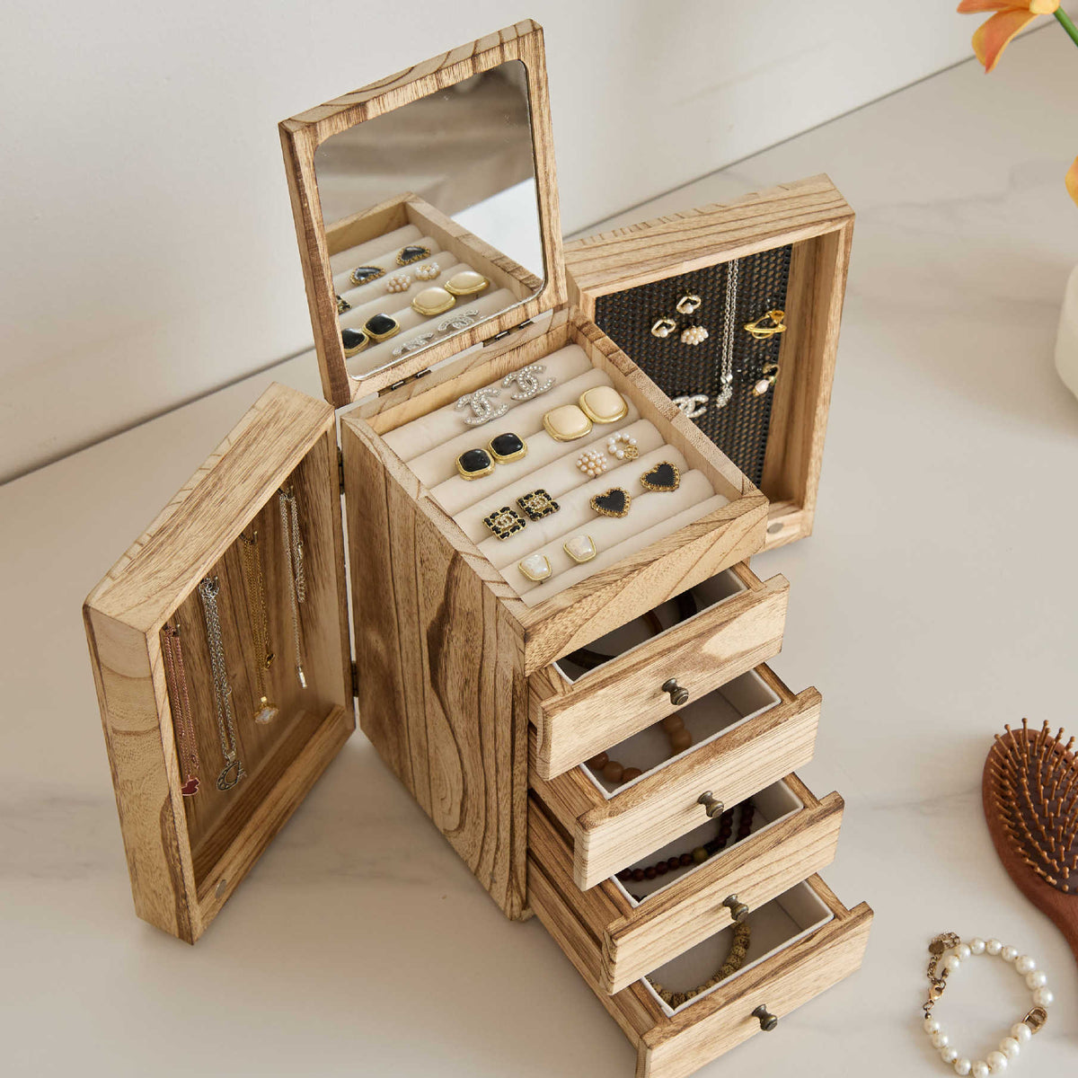 Large Wooden Jewelry Box with Mirror and Drawers