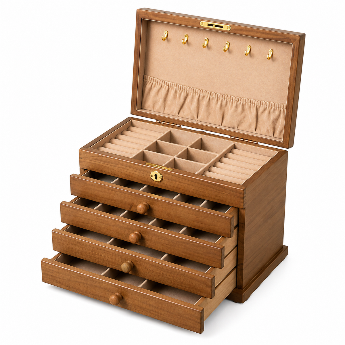 Large Wooden Jewelry Box with Multiple Drawers