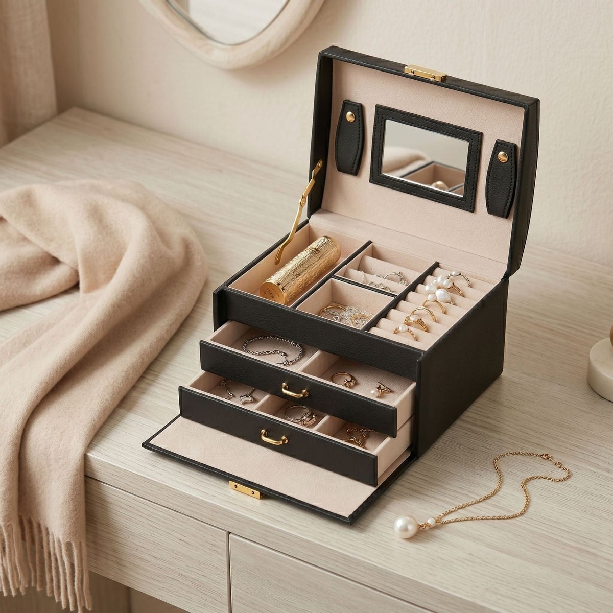 Small Portable Jewelry Box with Mirror and Lock