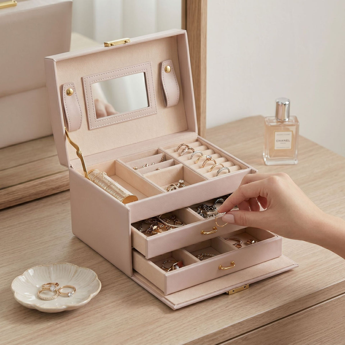 Small Portable Jewelry Box with Mirror and Lock