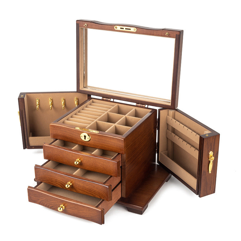 Vintage Wooden Jewelry Box with Mirror and Key Lock