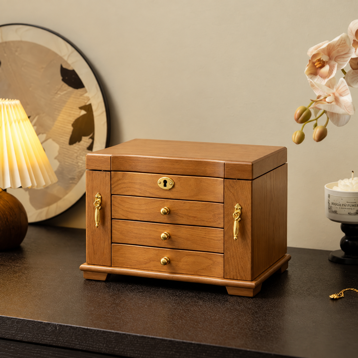 Vintage Wooden Jewelry Box with Mirror and Key Lock