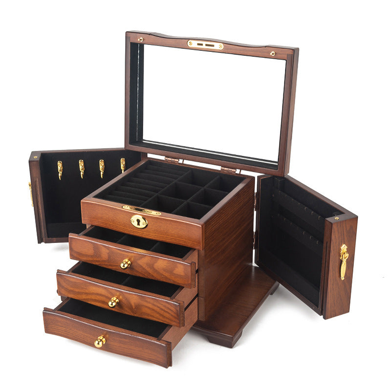 Vintage Wooden Jewelry Box with Mirror and Key Lock