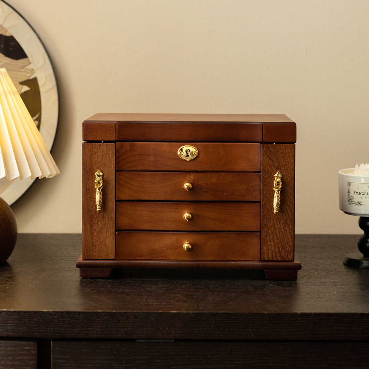 Vintage Wooden Jewelry Box with Mirror and Key Lock