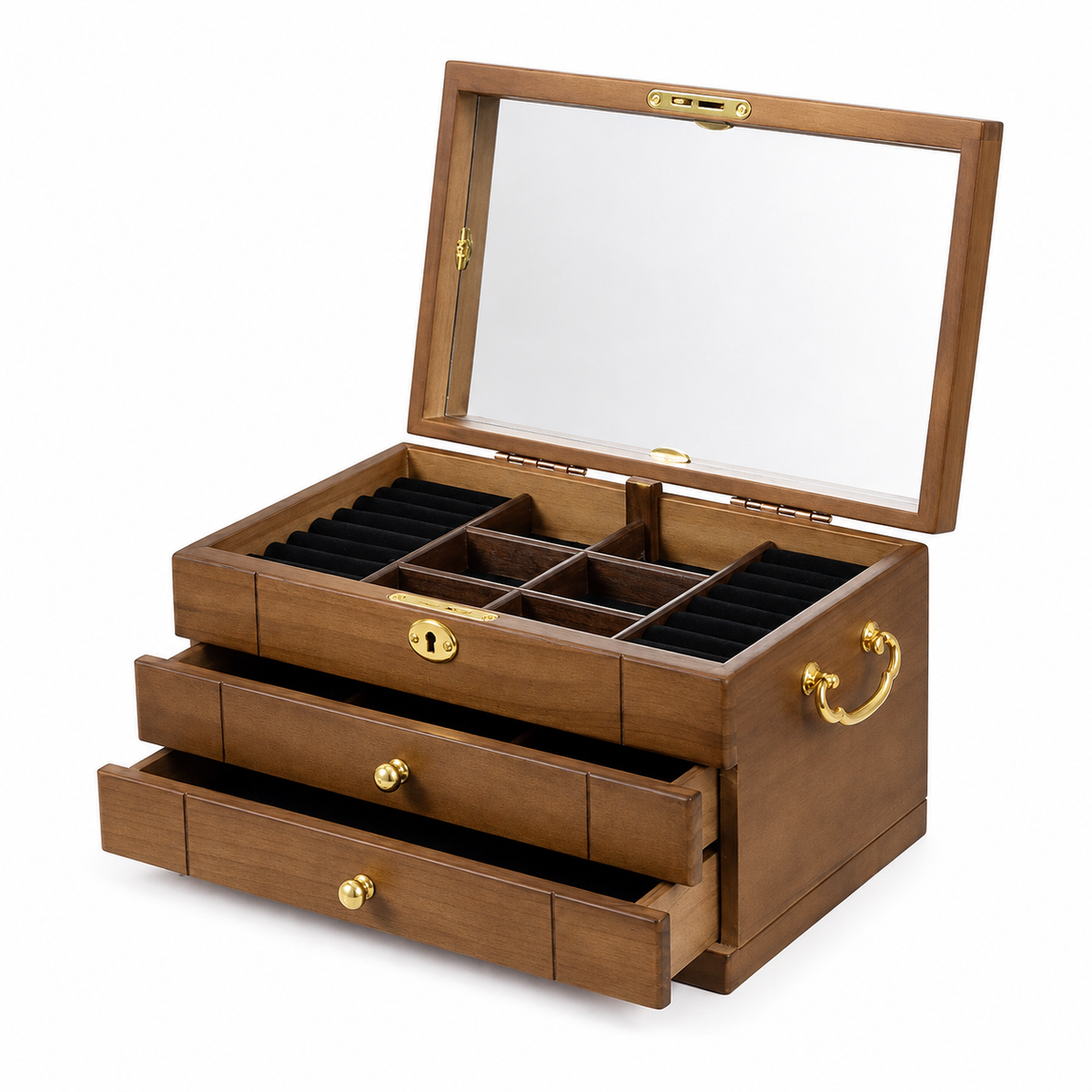 Wooden Jewelry Box with Mirror and Lock